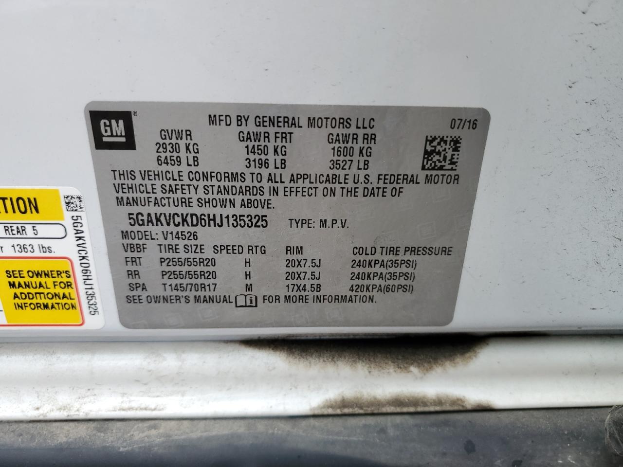 2017 Buick Enclave VIN 5GAKVCKD6HJ135325 Copart auction photo, front end / minor dent/scratches damage thumbnail 14