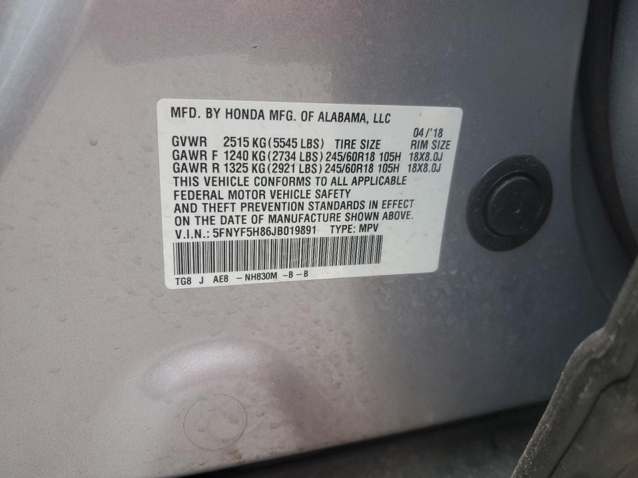 2018 Honda Pilot VIN 5FNYF5H86JB019891 Copart auction photo, front end / side damage thumbnail 13