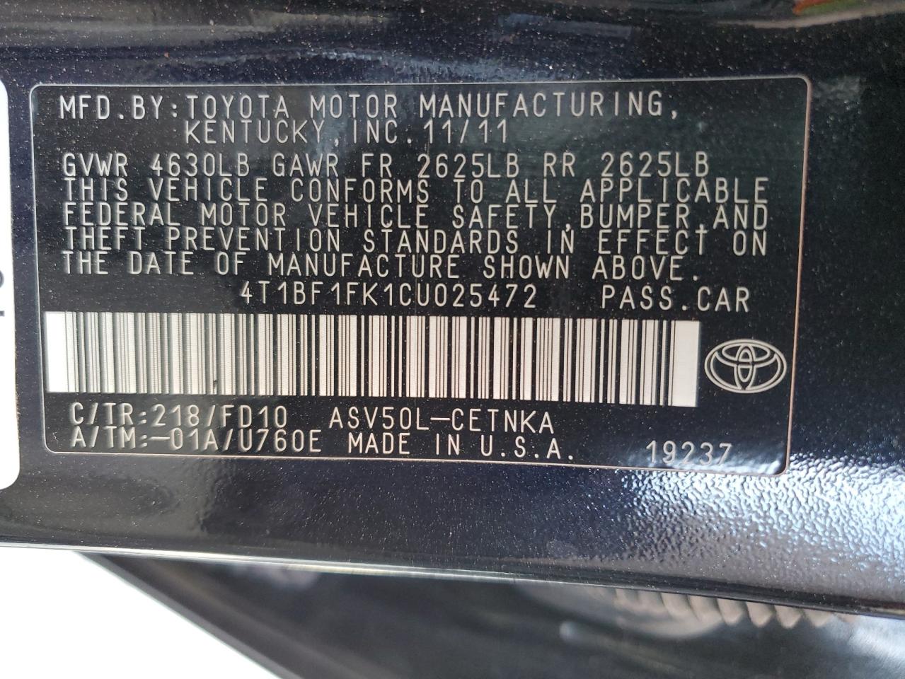 2012 Toyota Camry VIN 4T1BF1FK1CU025472 Copart auction photo, front end / side damage thumbnail 12