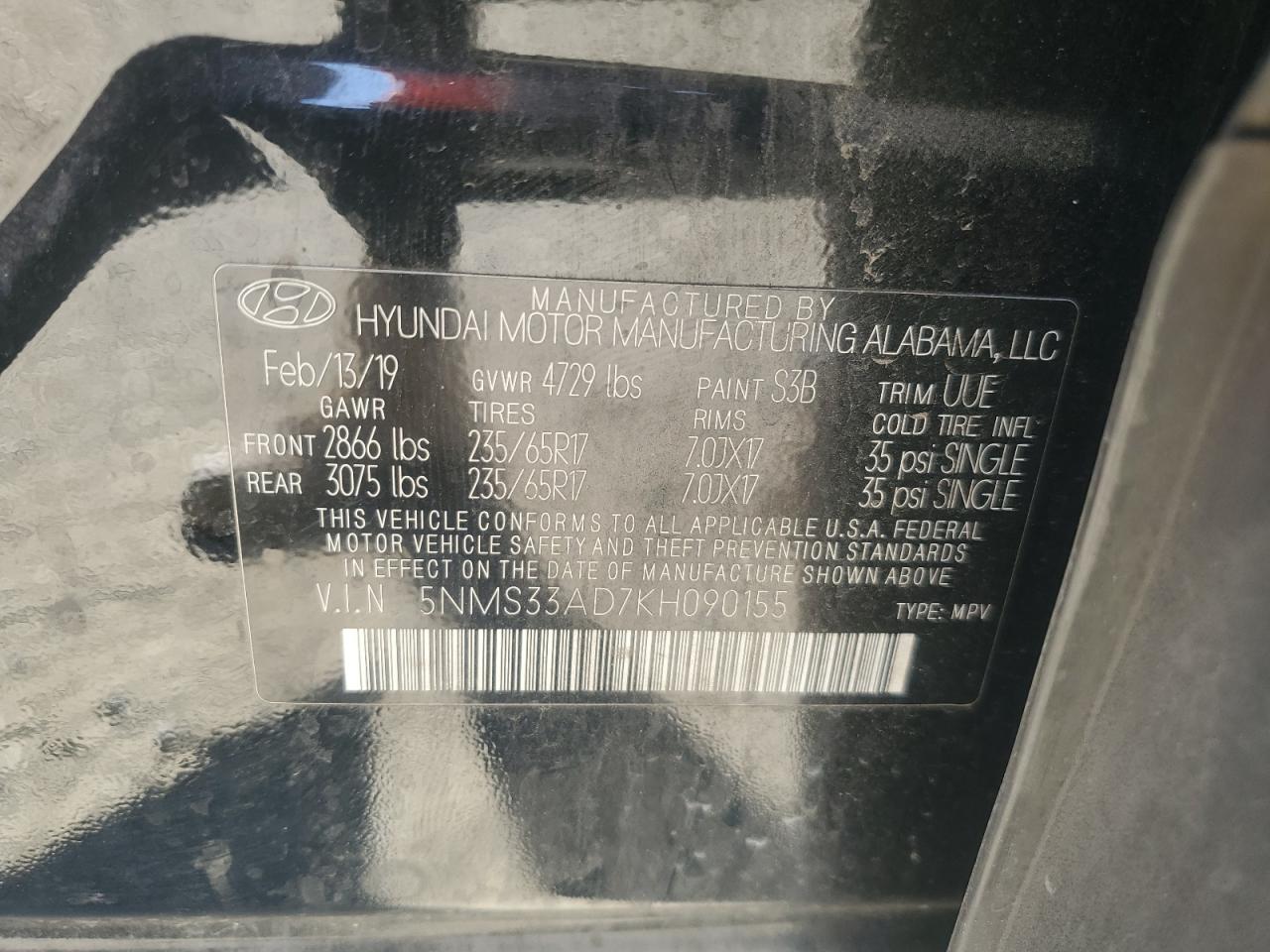 2019 Hyundai Santa Fe VIN 5NMS33AD7KH090155 Copart auction photo, front end damage thumbnail 15