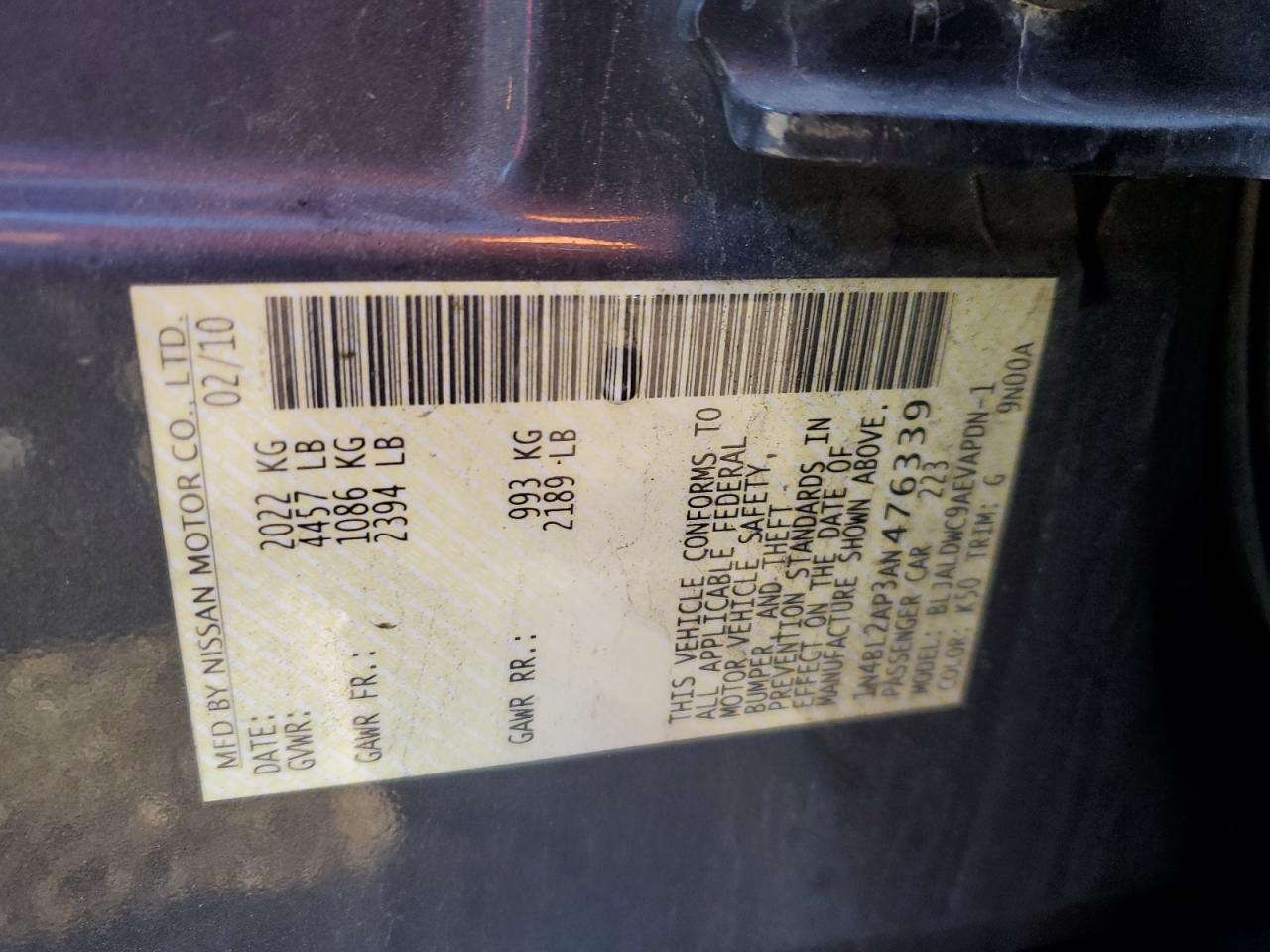 2010 Nissan Altima VIN 1N4BL2AP3AN476339 Copart auction photo, front end damage thumbnail 12
