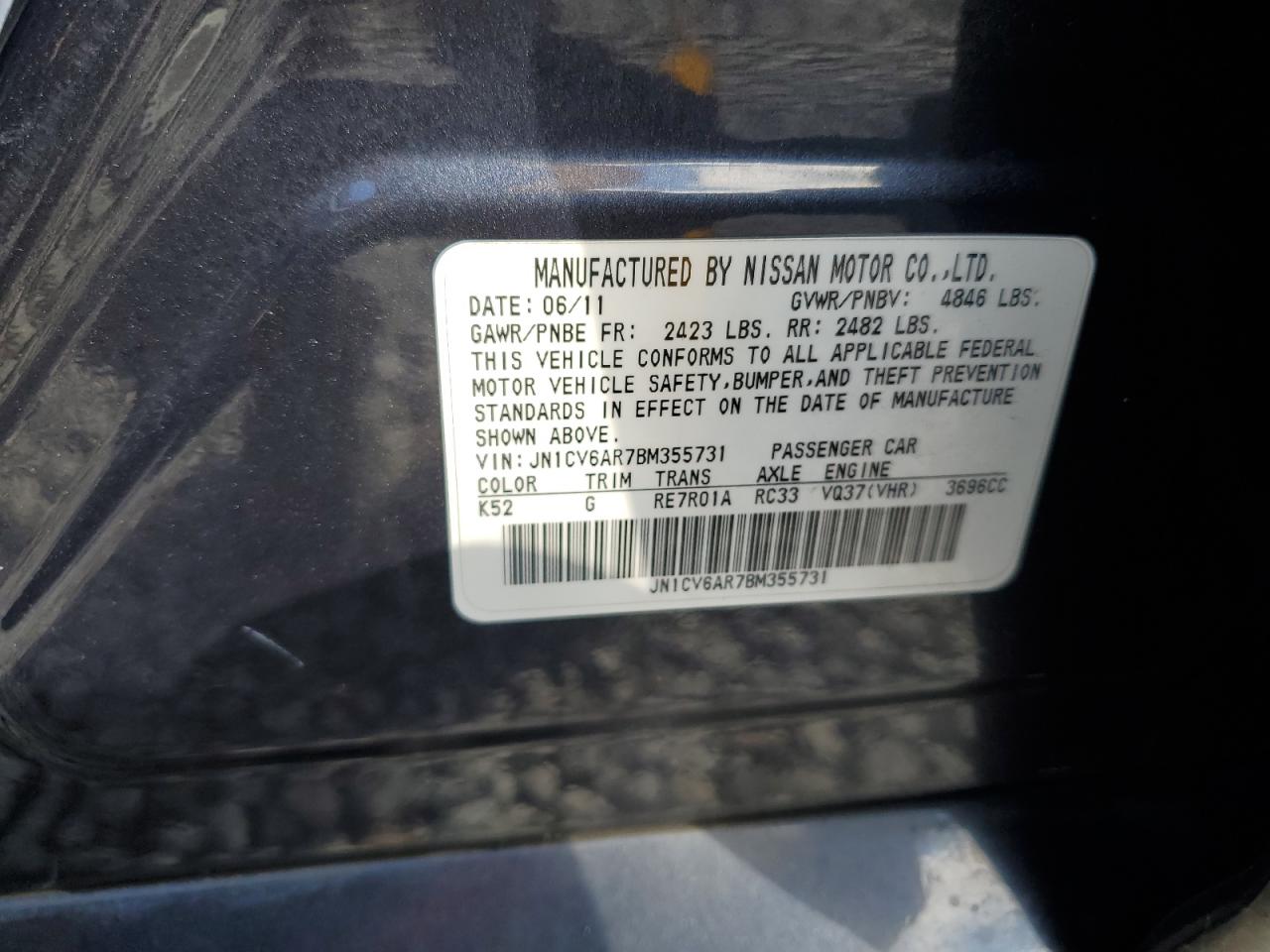2011 Infiniti G VIN JN1CV6AR7BM355731 Copart auction photo, rear end damage thumbnail 15