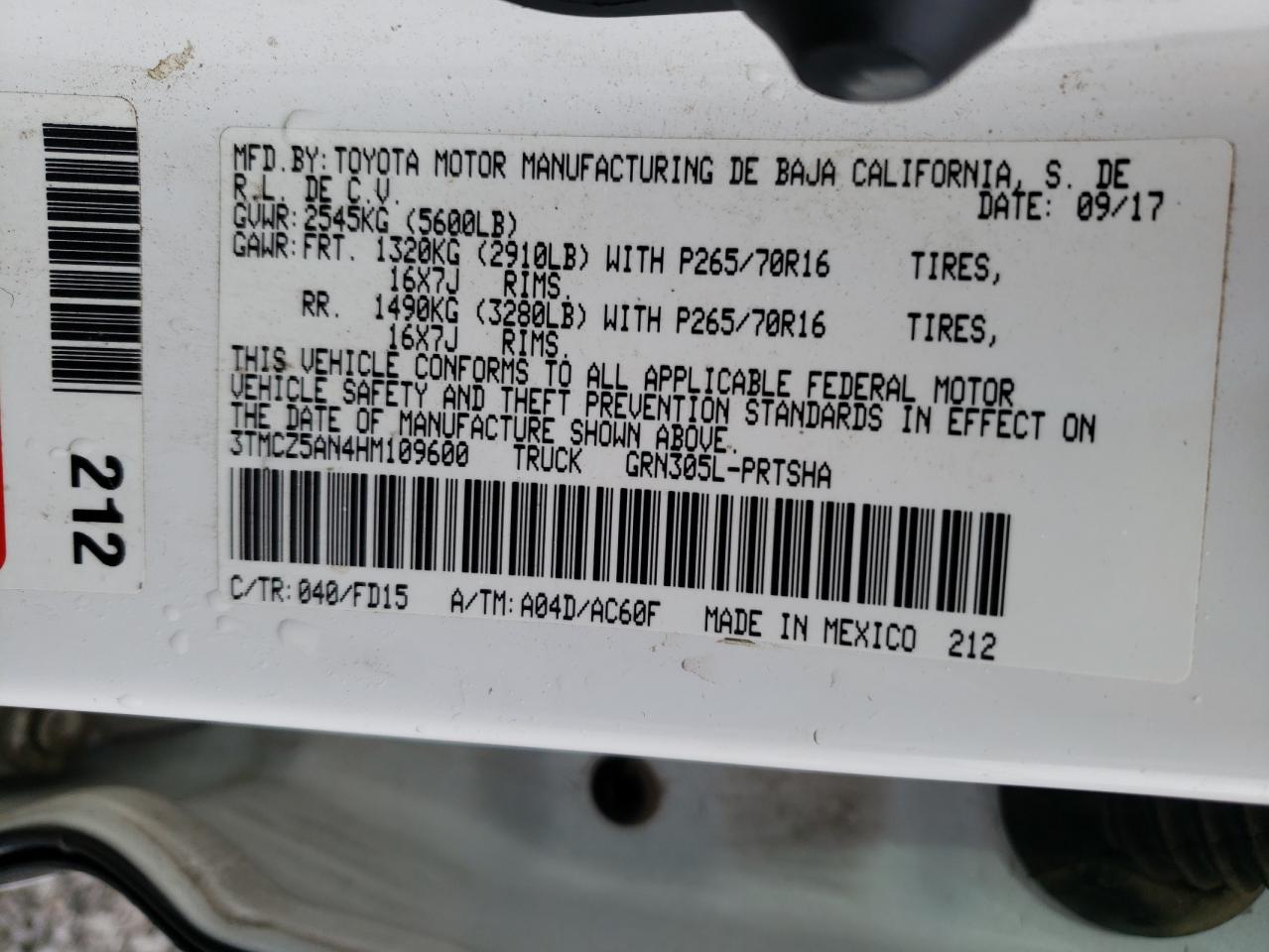 2017 Toyota Tacoma VIN 3TMCZ5AN4HM109600 Copart auction photo, front end damage thumbnail 15