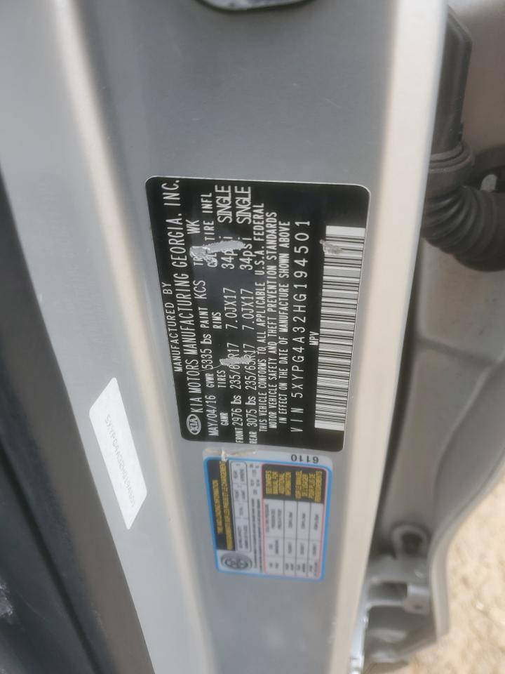 2017 KIA Sorento VIN 5XYPG4A32HG194501 Copart auction photo, front end / side damage thumbnail 15