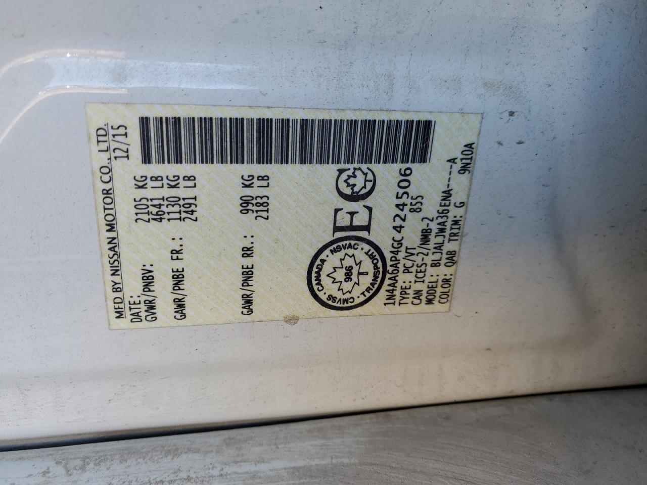 2016 Nissan Maxima VIN 1N4AA6AP4GC424506 Copart auction photo, front end damage thumbnail 12