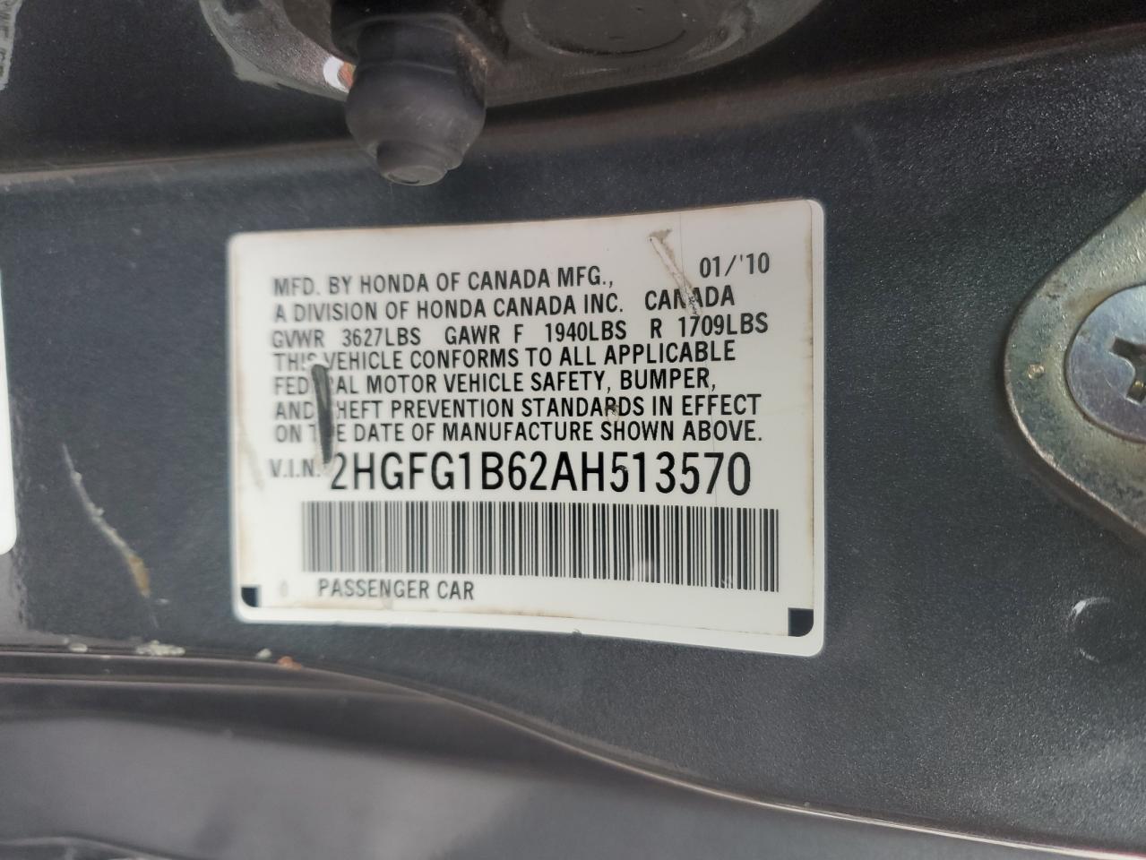 2010 Honda Civic VIN 2HGFG1B62AH513570 Copart auction photo, side / front end damage thumbnail 12