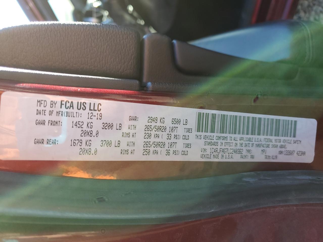 2020 Jeep Grand Cherokee VIN 1C4RJFAG7LC240362 Copart auction photo, front end damage thumbnail 14