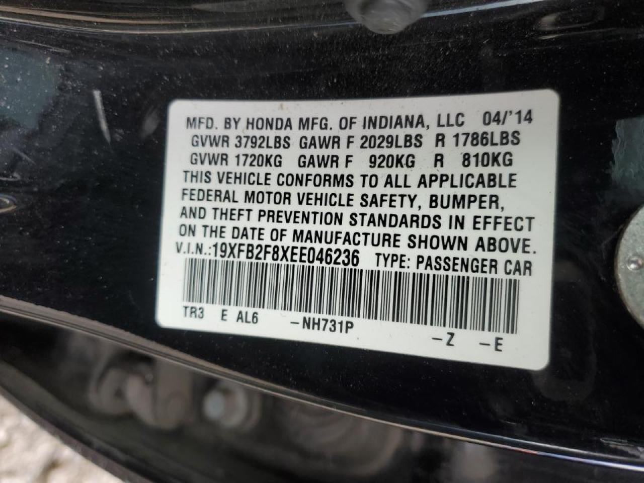 2014 Honda Civic VIN 19XFB2F8XEE046236 Copart auction photo, front end damage thumbnail 13
