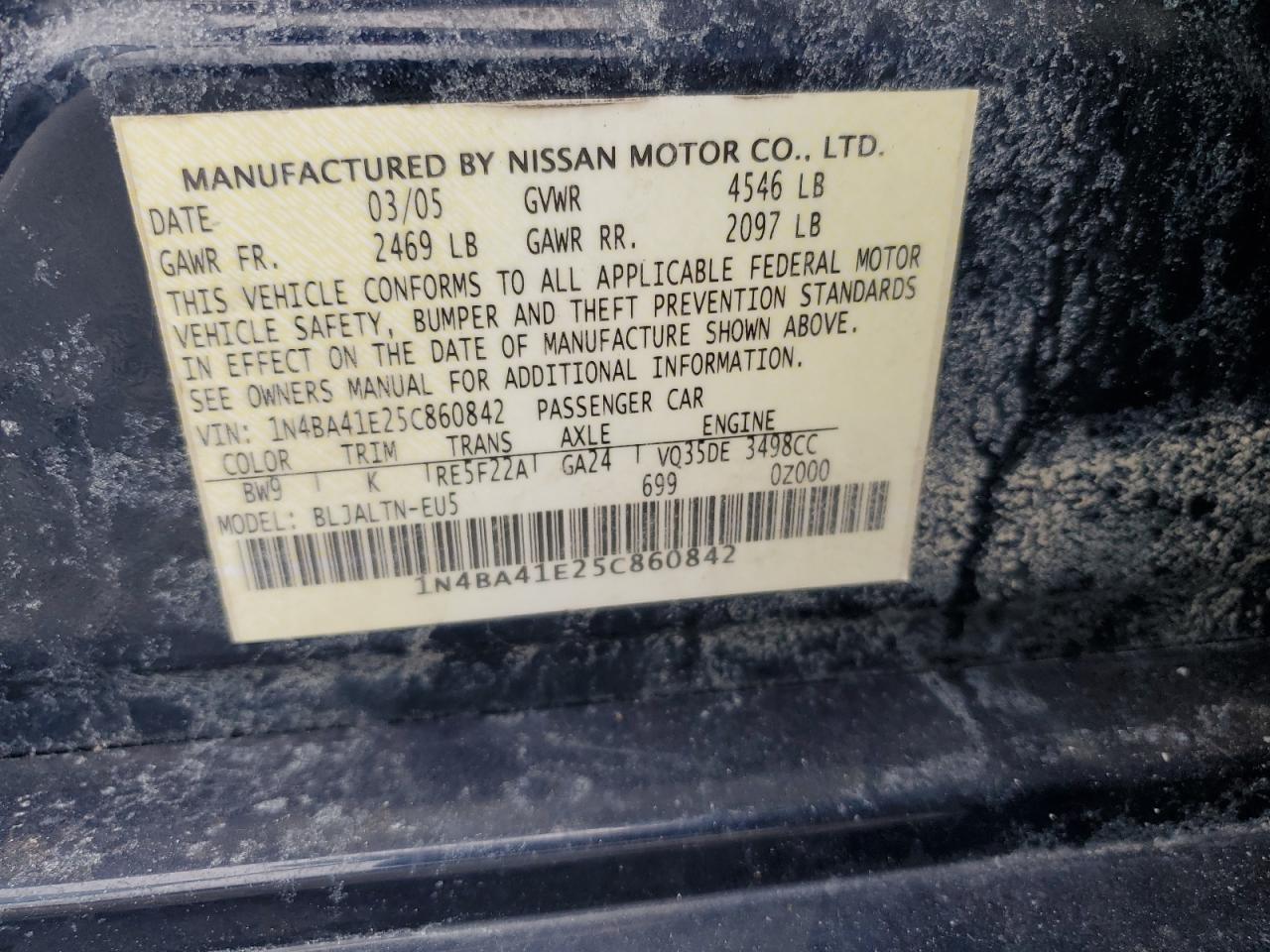 2005 Nissan Maxima VIN 1N4BA41E25C860842 Copart auction photo, rear end damage thumbnail 13