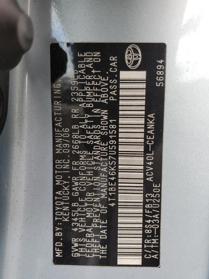 2007 Toyota Camry VIN 4T1BE46K57U591581 Copart auction photo, front end / rear end damage thumbnail 14