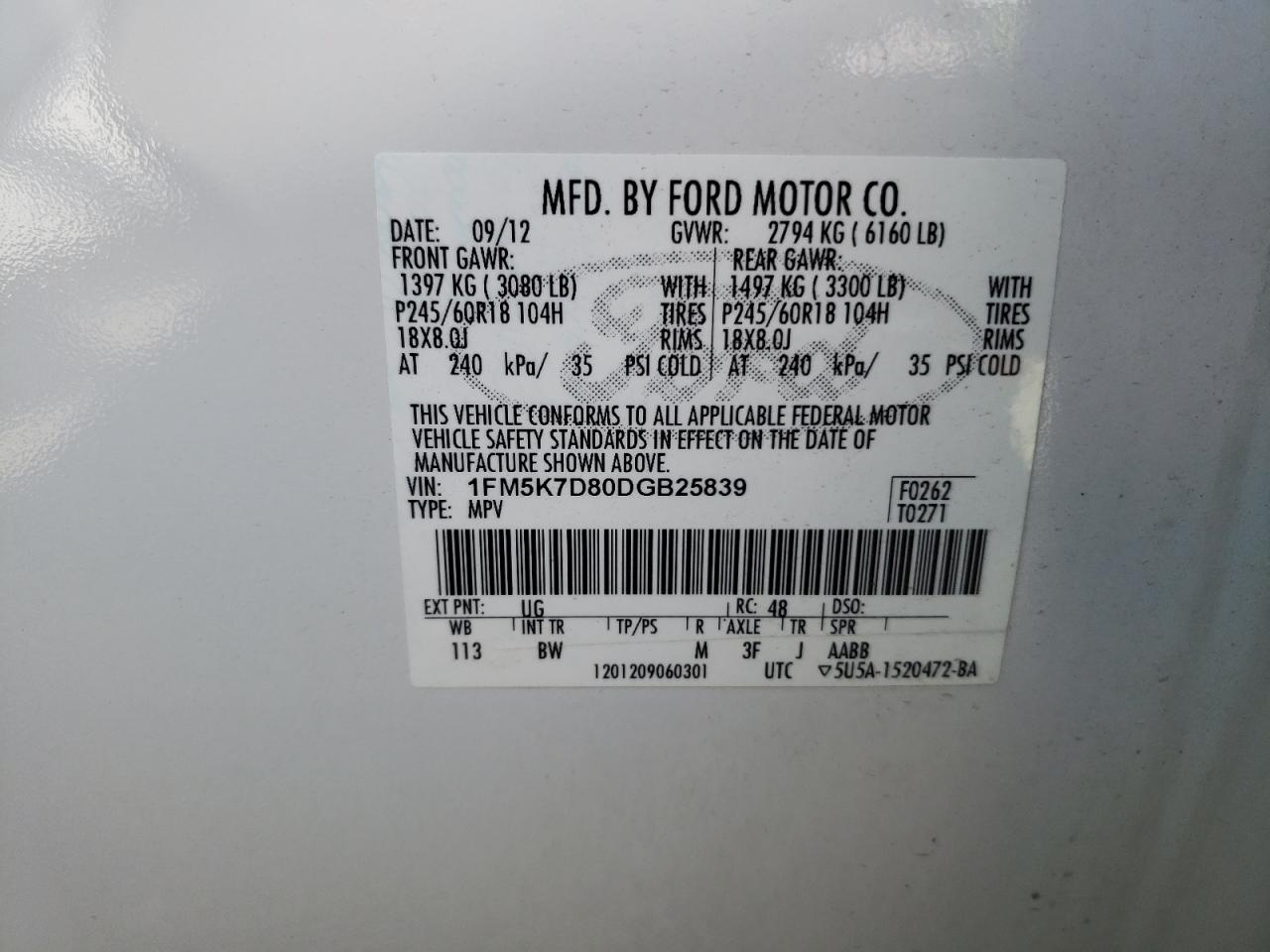 2013 Ford Explorer VIN 1FM5K7D80DGB25839 Copart auction photo, rear end damage thumbnail 13