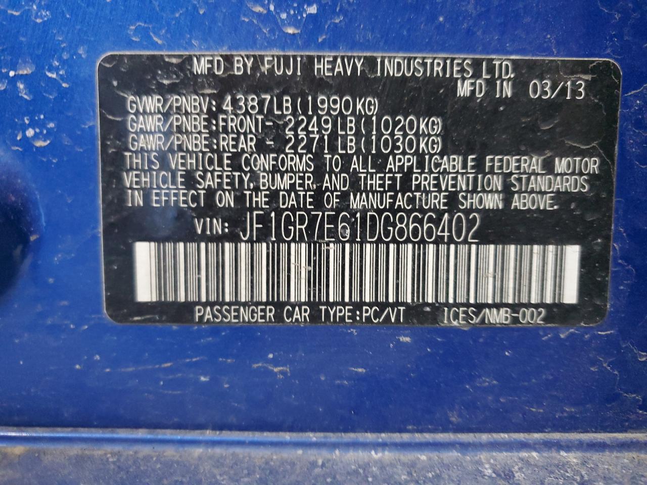2013 Subaru WRX VIN JF1GR7E61DG866402 Copart auction photo, side / front end damage thumbnail 12