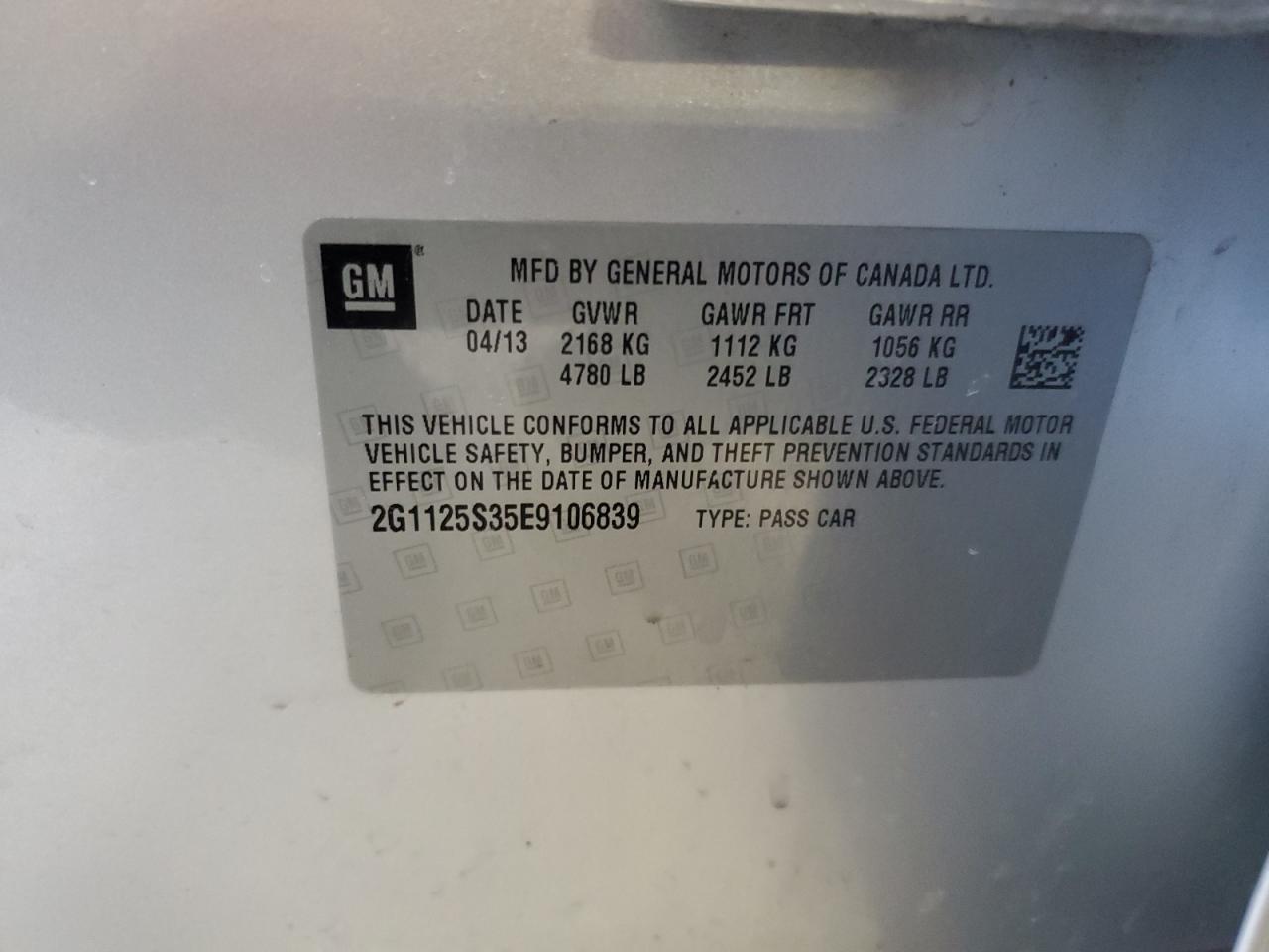 2014 Chevrolet Impala VIN 2G1125S35E9106839 Copart auction photo, rear end / front end damage thumbnail 12
