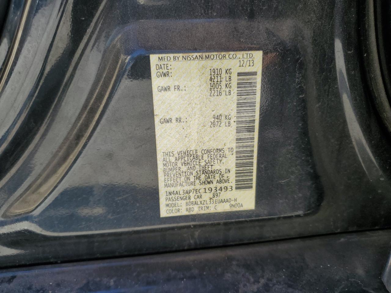 2014 Nissan Altima VIN 1N4AL3AP7EC193493 Copart auction photo, front end damage thumbnail 14