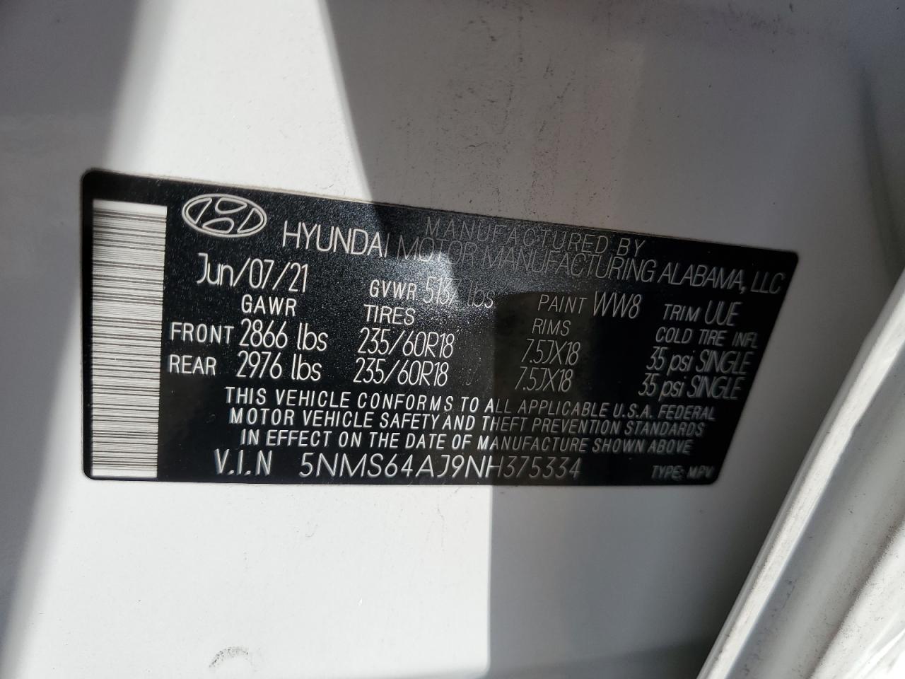 2022 Hyundai Santa Fe VIN 5NMS64AJ9NH375334 Copart auction photo, side / mechanical damage thumbnail 15