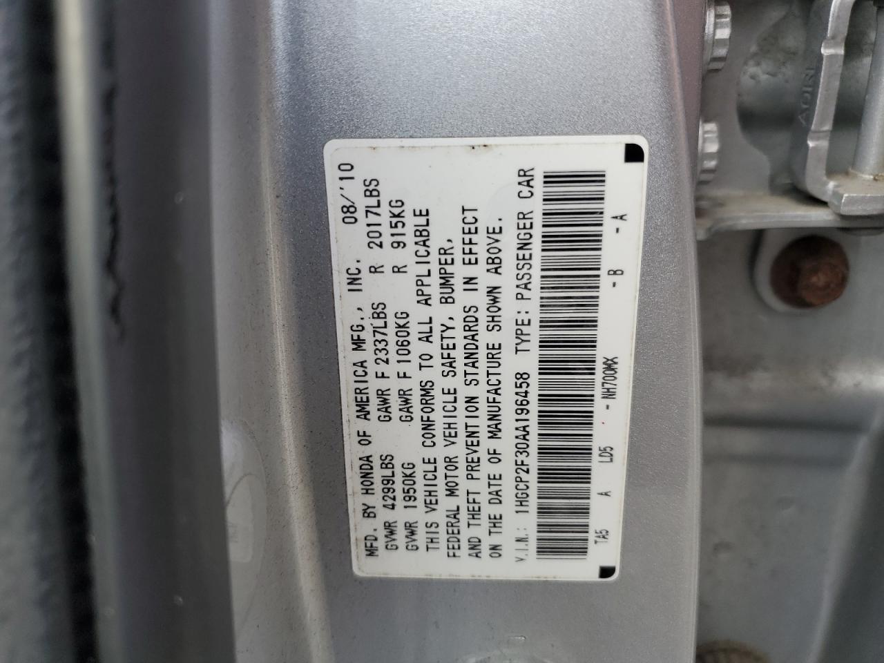 2010 Honda Accord VIN 1HGCP2F30AA196458 Copart auction photo, front end / minor dent/scratches damage thumbnail 13