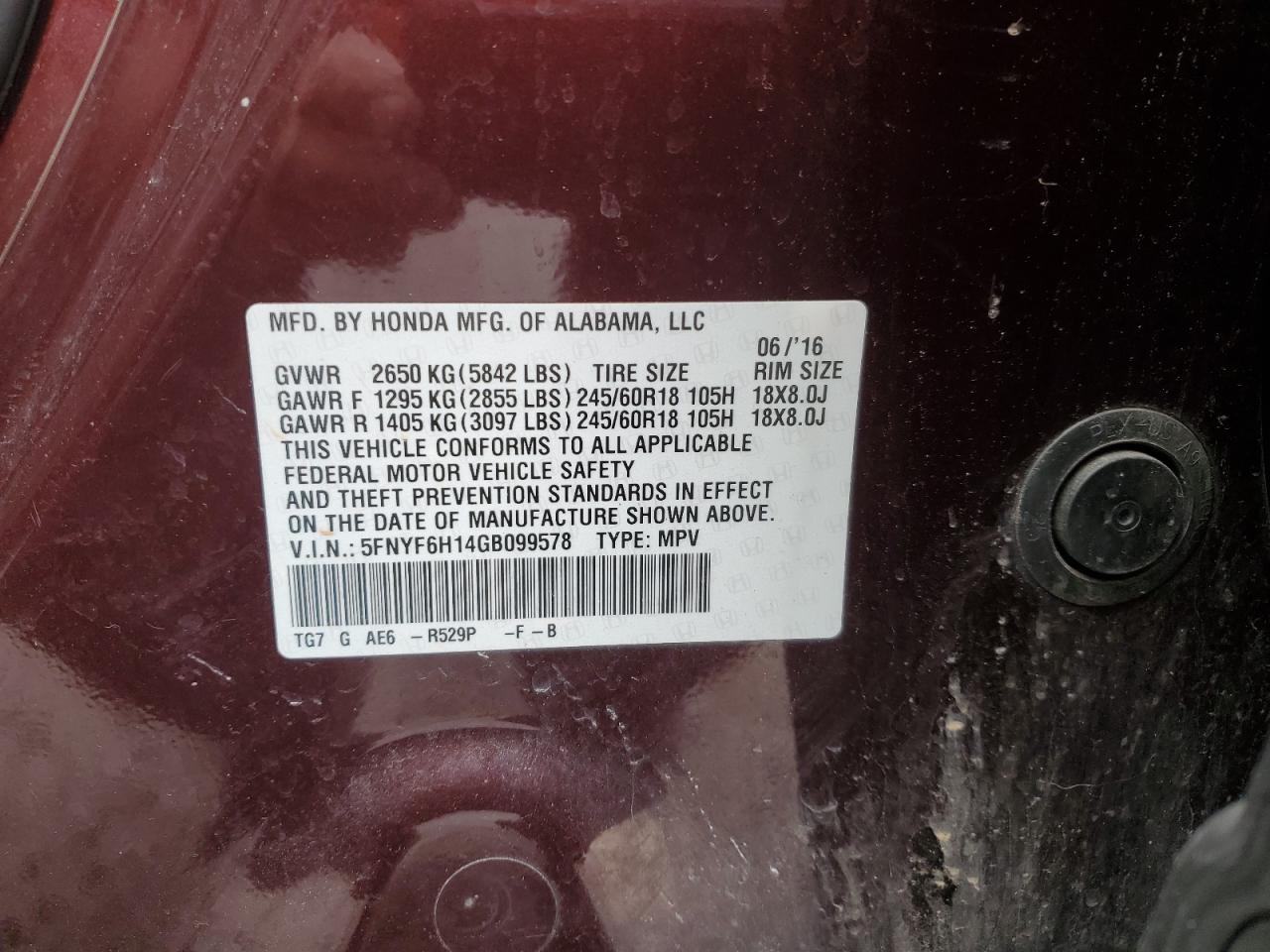 2016 Honda Pilot VIN 5FNYF6H14GB099578 Copart auction photo, normal wear damage thumbnail 13