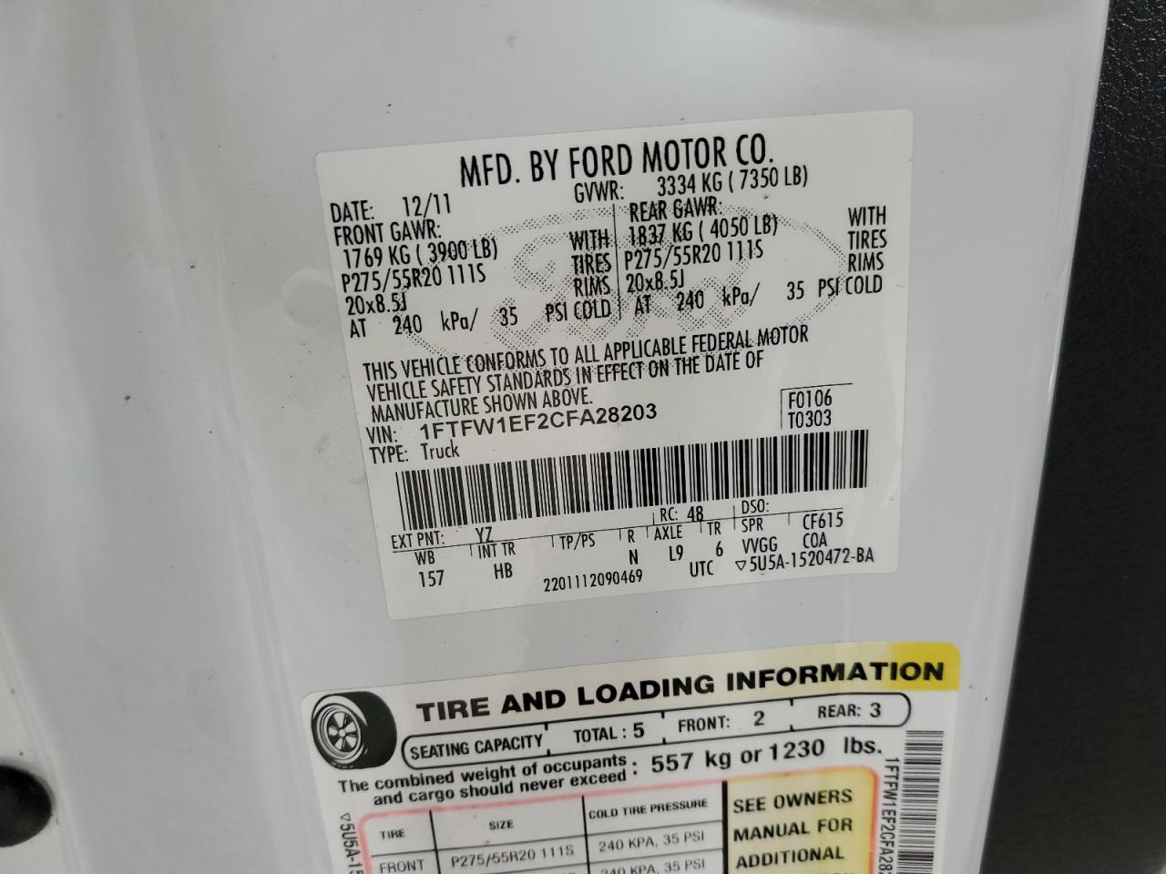 2012 Ford F-150 VIN 1FTFW1EF2CFA28203 Copart auction photo, front end damage thumbnail 13