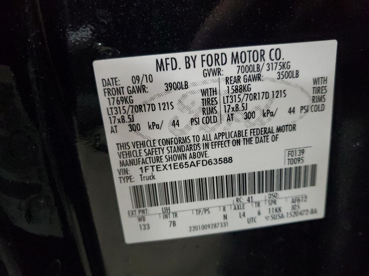 2010 Ford F-150 VIN 1FTEX1E65AFD63588 Copart auction photo, front end damage thumbnail 12