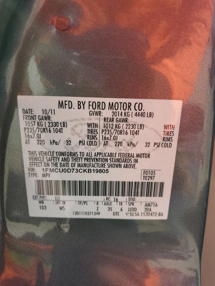 2012 Ford Escape VIN 1FMCU0D73CKB19805 Copart auction photo, front end damage thumbnail 13