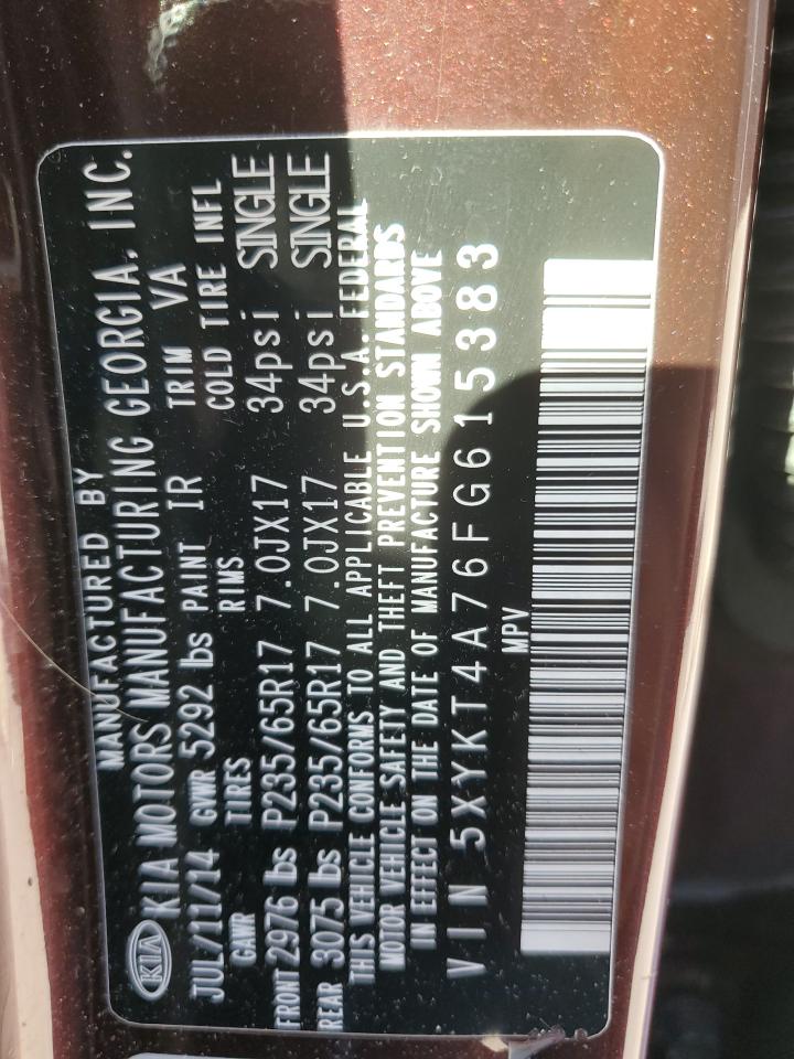2015 KIA Sorento VIN 5XYKT4A76FG615383 Copart auction photo, rear end damage thumbnail 14