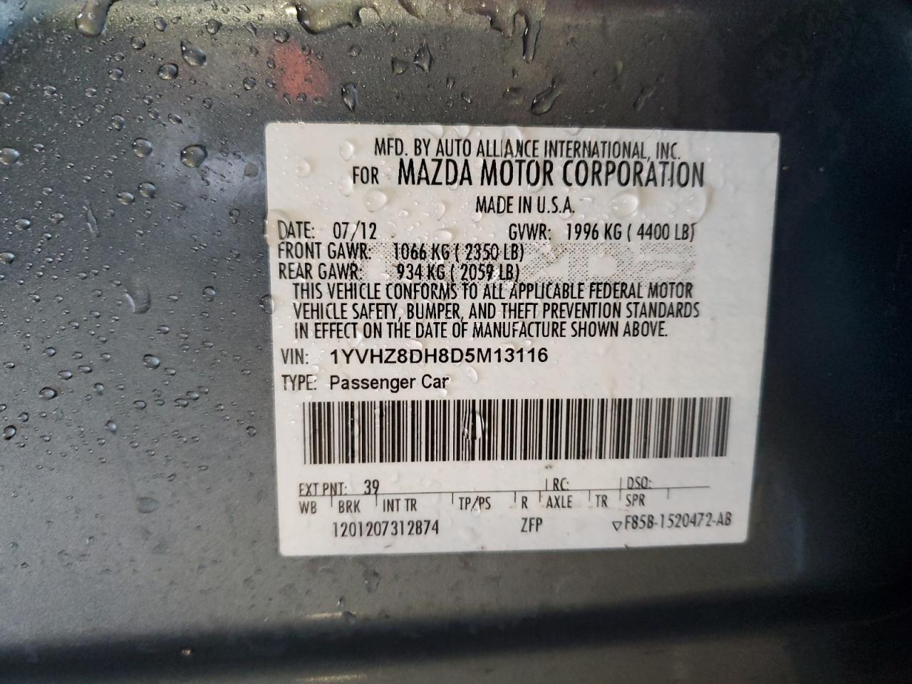2013 Mazda 6 VIN 1YVHZ8DH8D5M13116 Copart auction photo, undercarriage / front end damage thumbnail 12