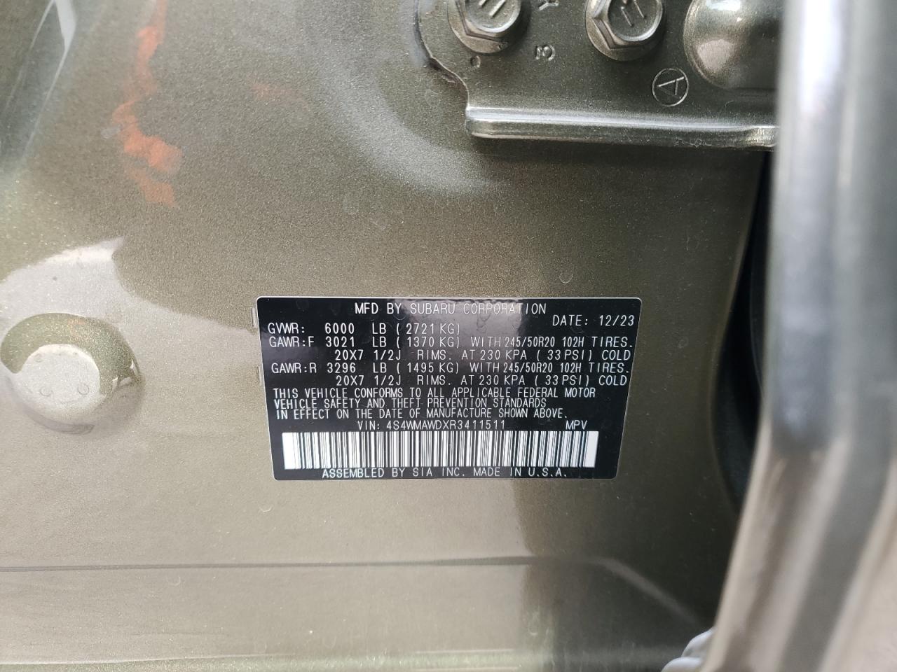 2024 Subaru Ascent VIN 4S4WMAWDXR3411511 Copart auction photo, front end / minor dent/scratches damage thumbnail 12