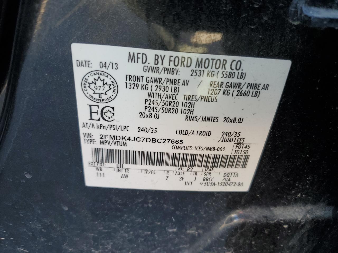 2013 Ford Edge VIN 2FMDK4JC7DBC27665 Copart auction photo, front end / side damage thumbnail 13