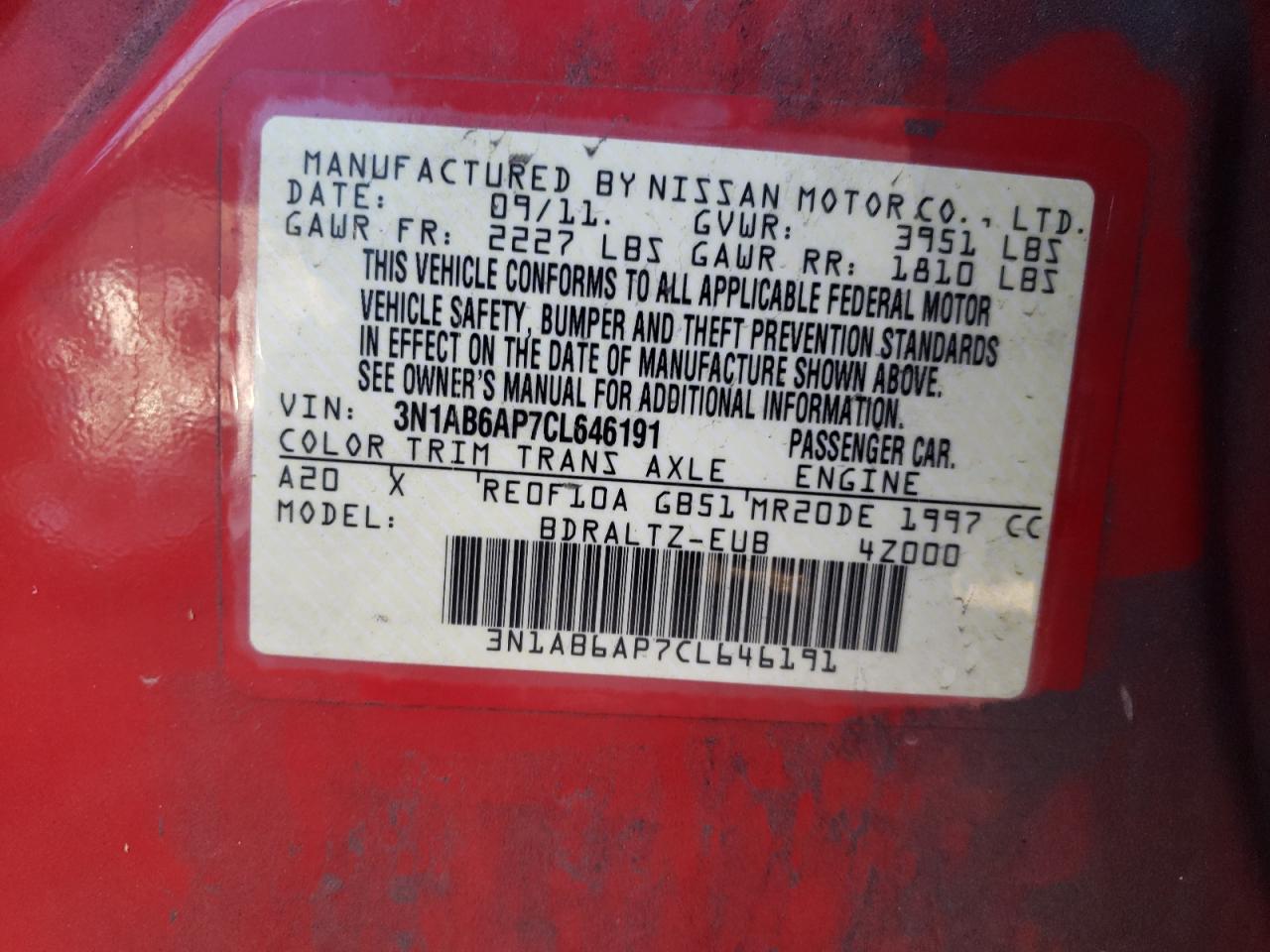 2012 Nissan Sentra VIN 3N1AB6AP7CL646191 Copart auction photo, front end / rear end damage thumbnail 12