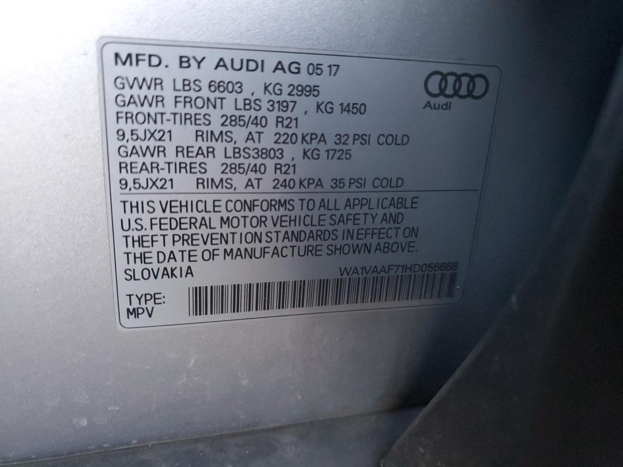 2017 Audi Q7 VIN WA1VAAF71HD056668 Copart auction photo, rear end / side damage thumbnail 16