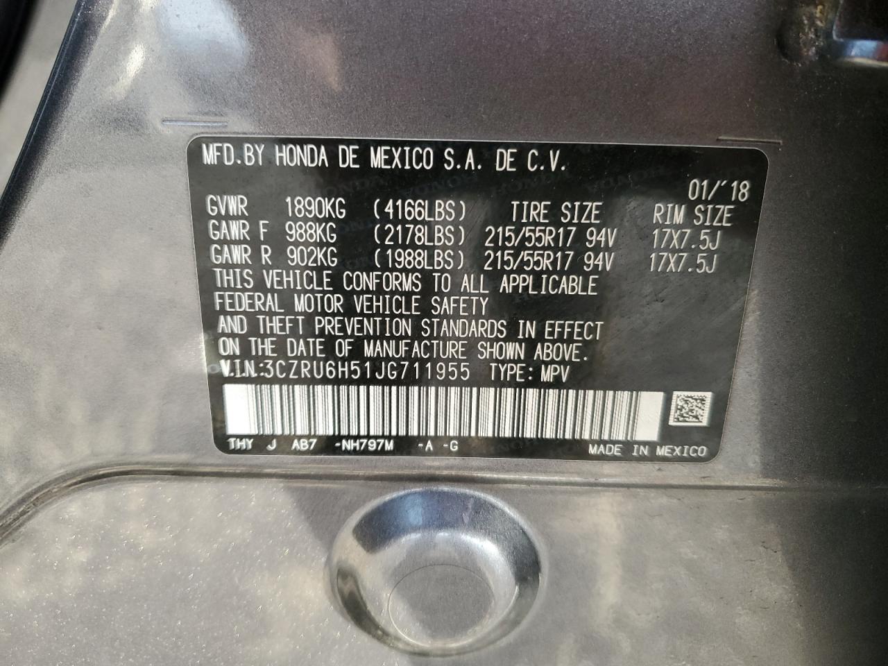2018 Honda HR-V VIN 3CZRU6H51JG711955 Copart auction photo, front end / undercarriage damage thumbnail 15