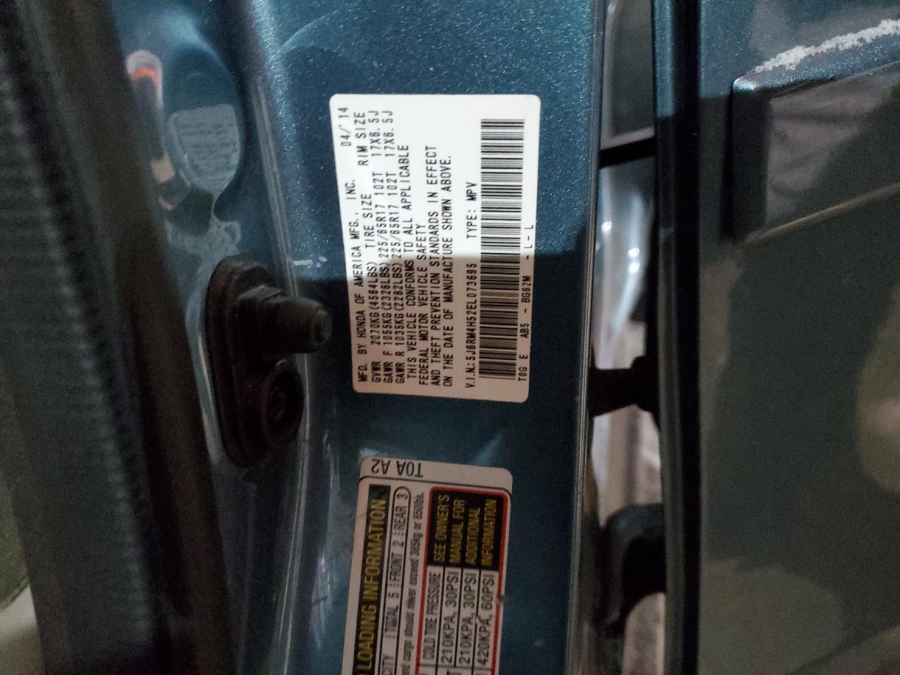 2014 Honda CR-V VIN 5J6RM4H52EL073695 Copart auction photo, front end damage thumbnail 15