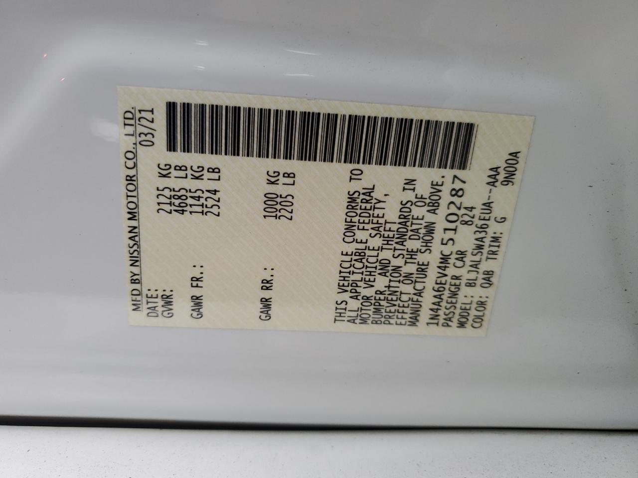 2021 Nissan Maxima VIN 1N4AA6EV4MC510287 Copart auction photo, front end / side damage thumbnail 15