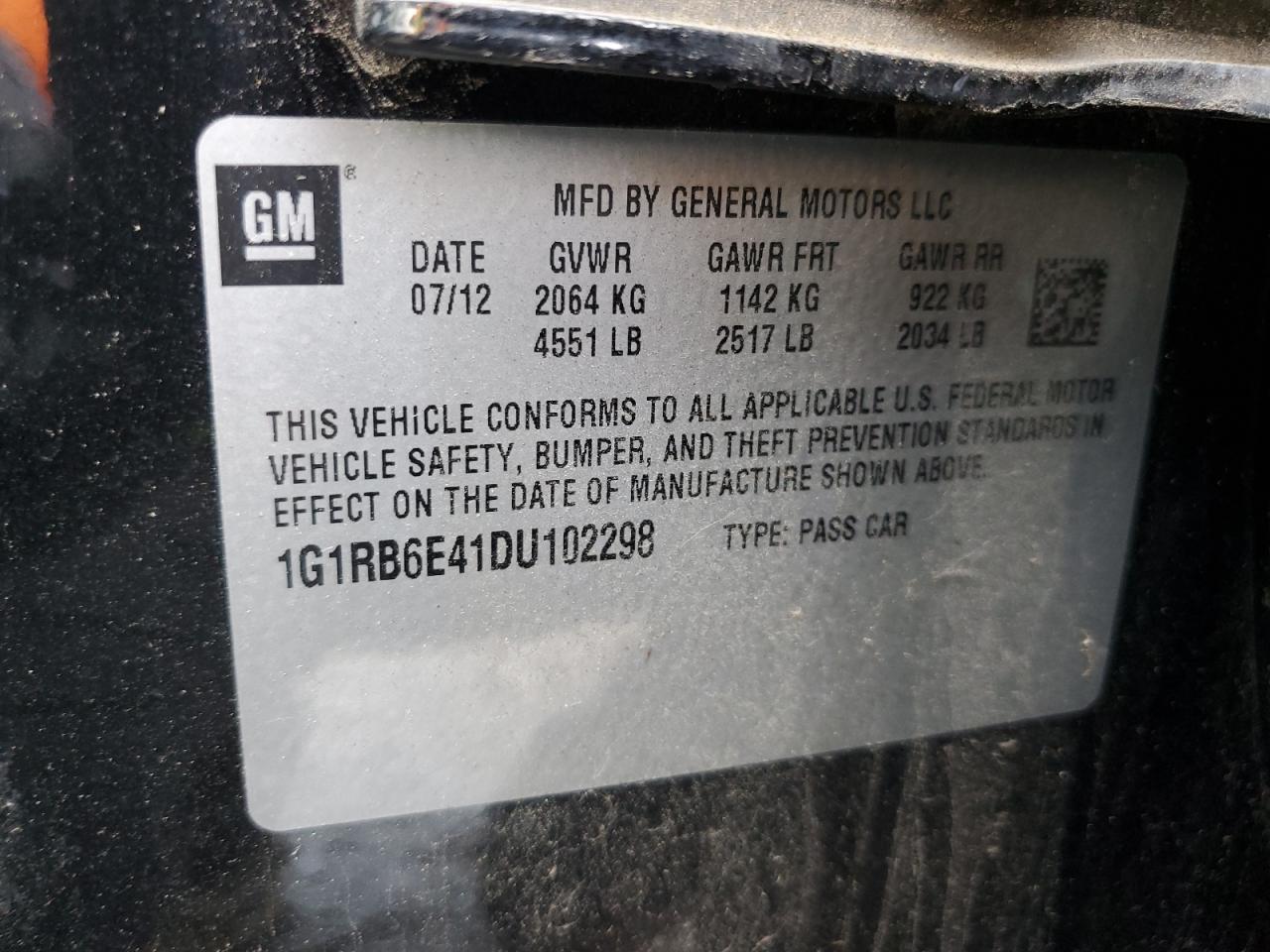 2013 Chevrolet Volt VIN 1G1RB6E41DU102298 Copart auction photo, front end damage thumbnail 12
