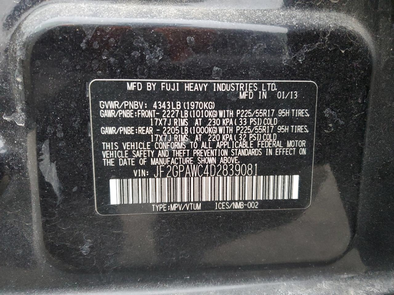 2013 Subaru XV VIN JF2GPAWC4D2839081 Copart auction photo, front end / minor dent/scratches damage thumbnail 13