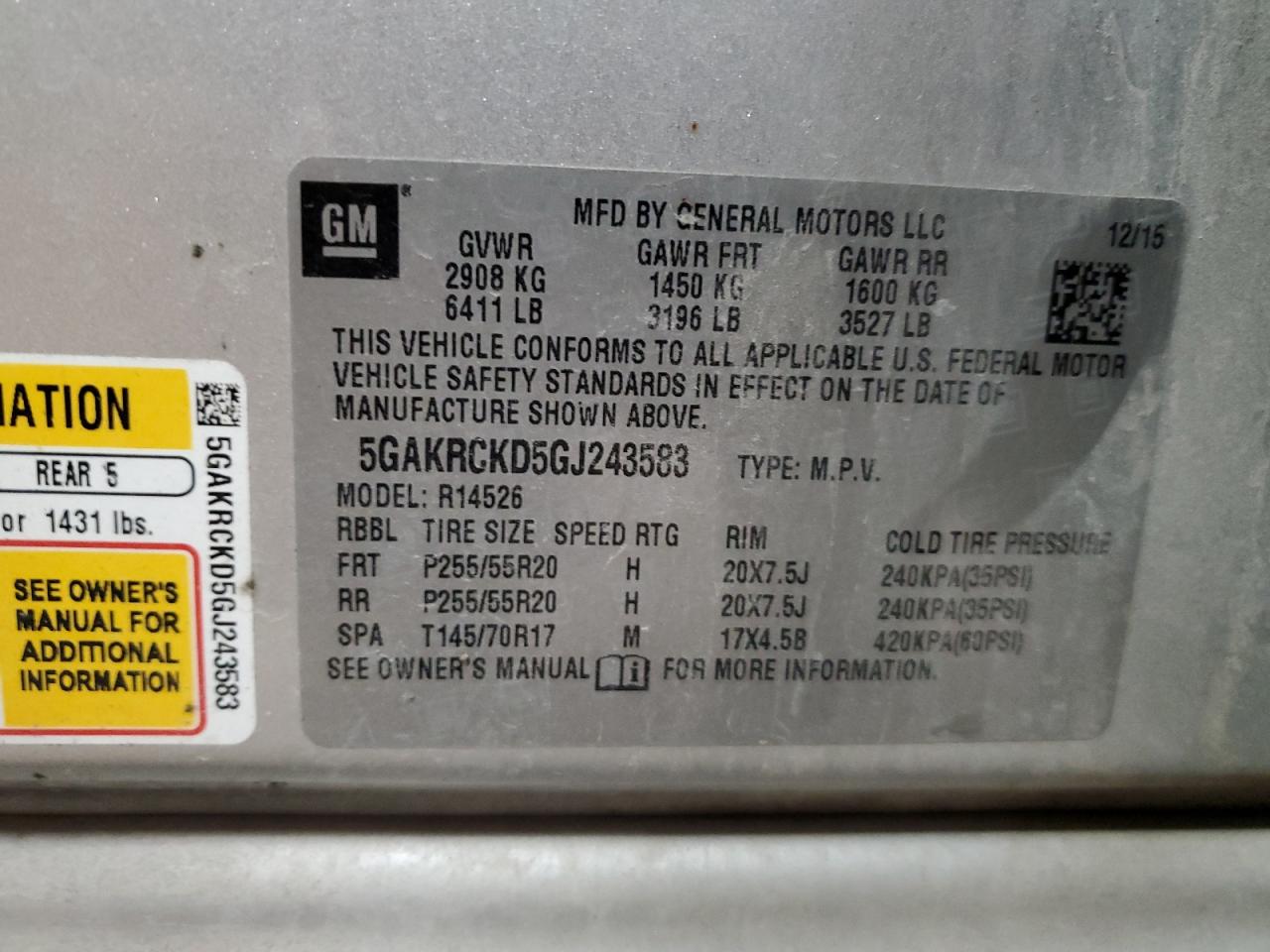 2016 Buick Enclave VIN 5GAKRCKD5GJ243583 Copart auction photo, front end damage thumbnail 16