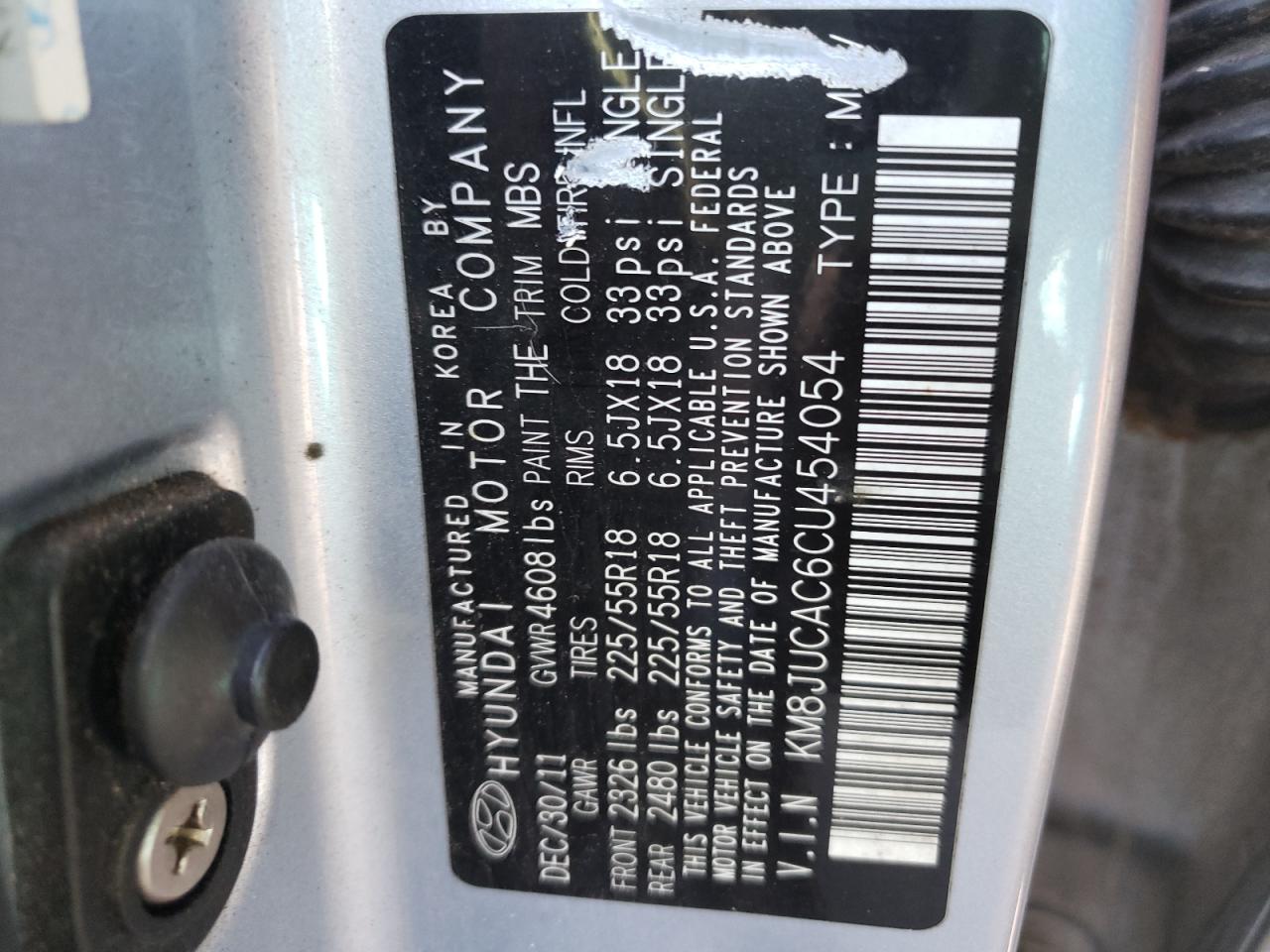 2012 Hyundai Tucson VIN KM8JUCAC6CU454054 Copart auction photo, rear end / front end damage thumbnail 14