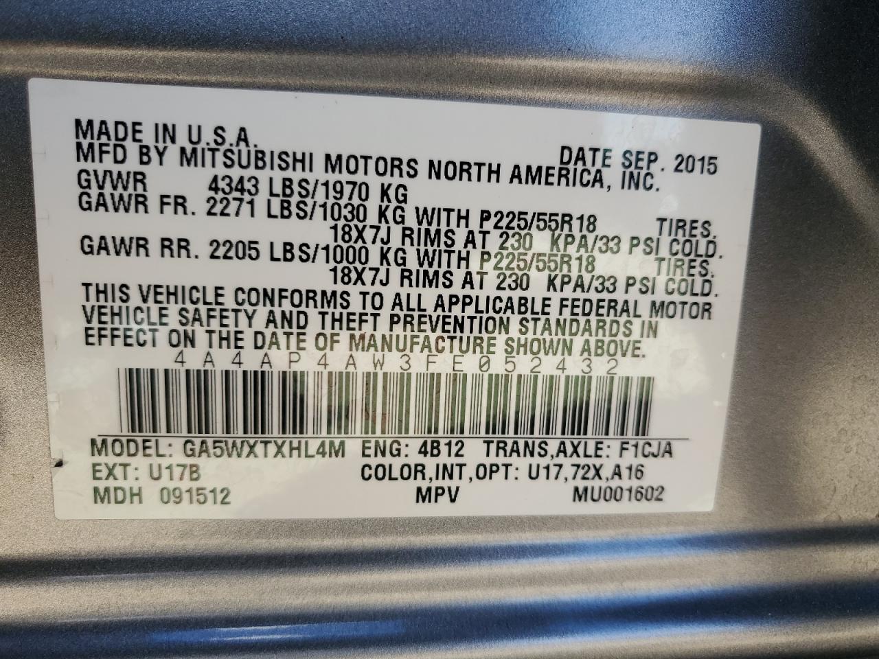 2015 Mitsubishi Outlander VIN 4A4AP4AW3FE052432 Copart auction photo, front end damage thumbnail 13