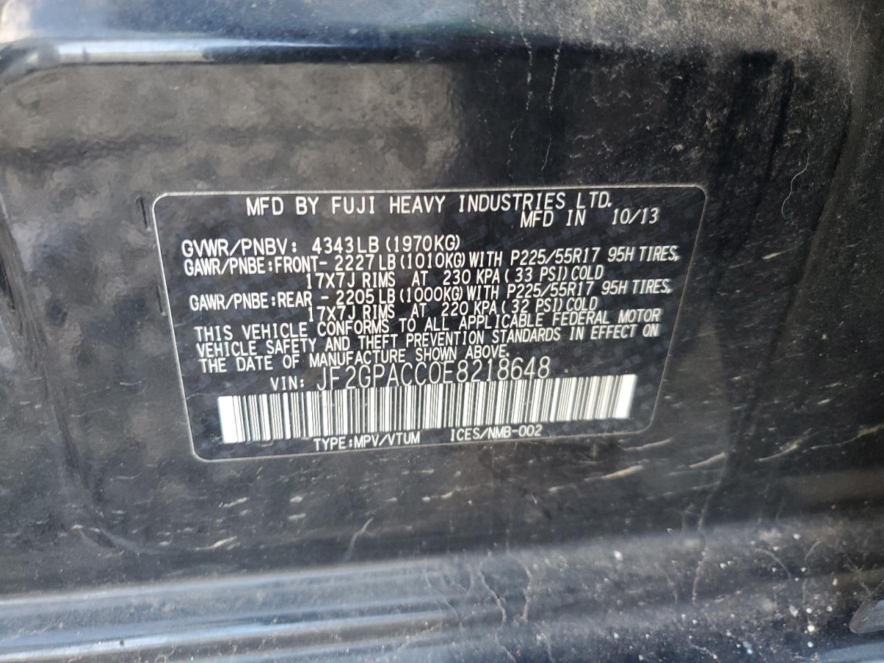 2014 Subaru XV VIN JF2GPACC0E8218648 Copart auction photo, all over damage thumbnail 13