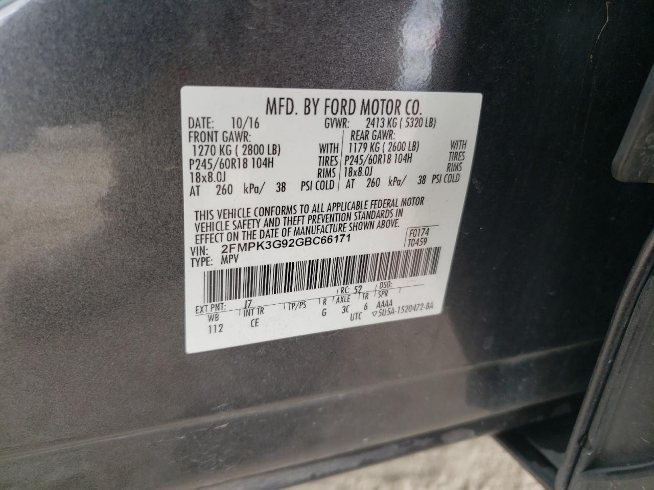 2016 Ford Edge VIN 2FMPK3G92GBC66171 Copart auction photo, front end damage thumbnail 13