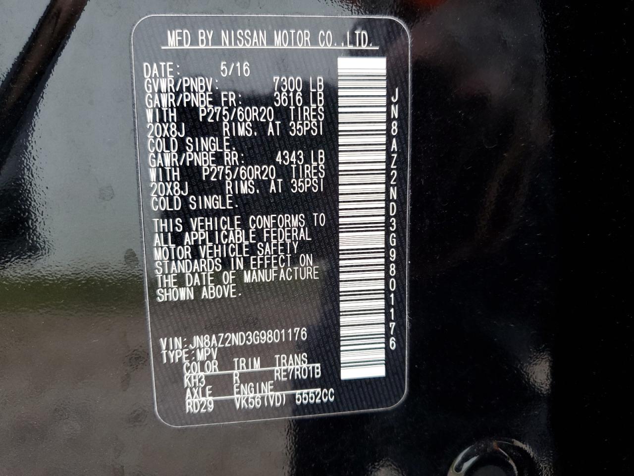2016 Infiniti QX80 VIN JN8AZ2ND3G9801176 Copart auction photo, front end / minor dent/scratches damage thumbnail 15