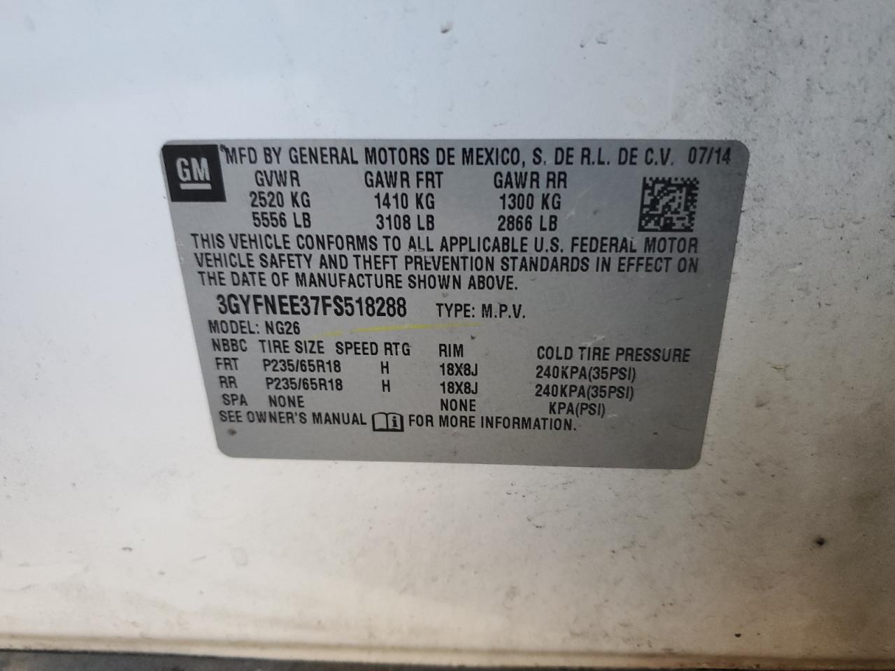 2015 Cadillac SRX VIN 3GYFNEE37FS518288 Copart auction photo, all over damage thumbnail 13