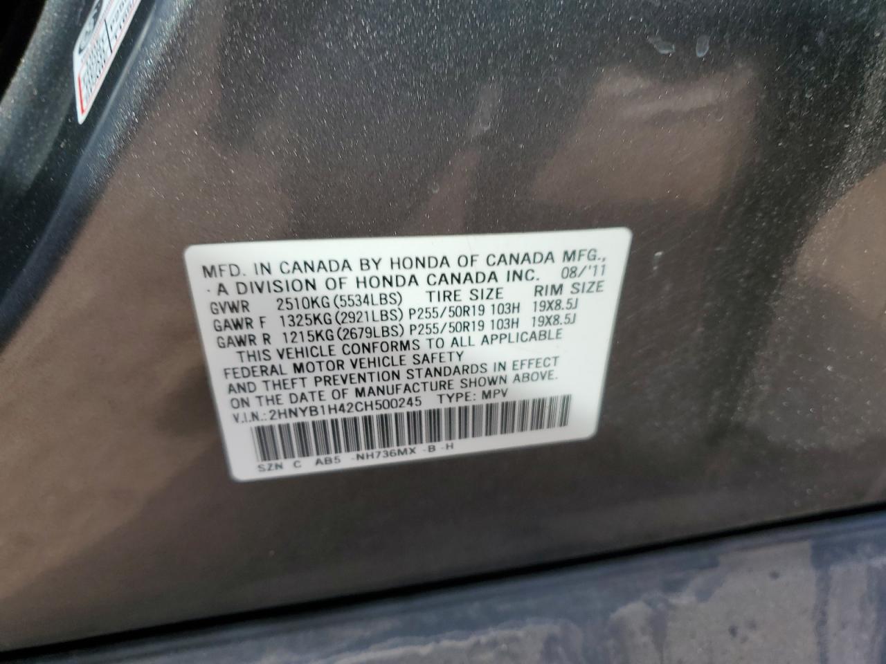 2012 Acura ZDX VIN 2HNYB1H42CH500245 Copart auction photo, rear end / top/roof damage thumbnail 15