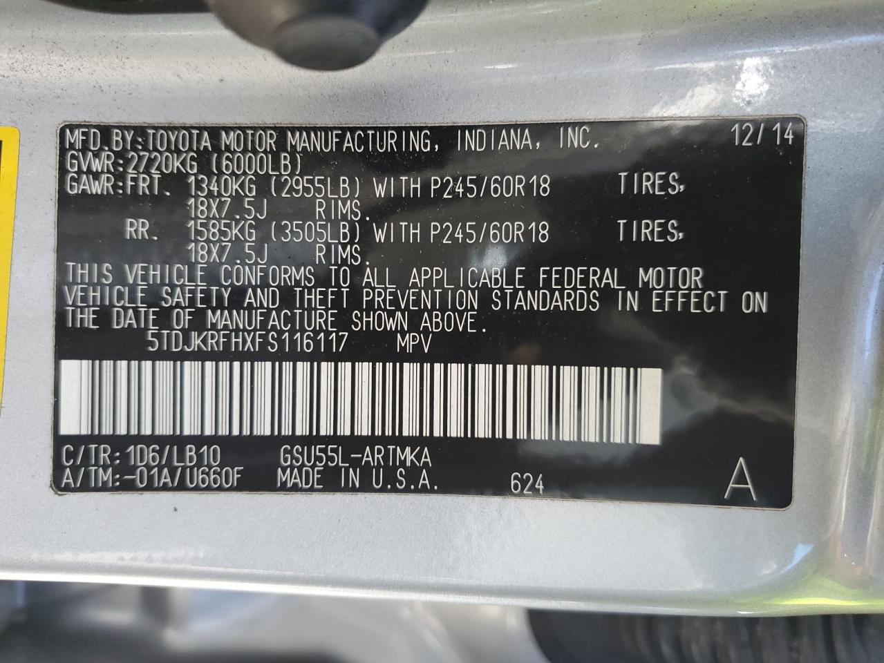 2015 Toyota Highlander VIN 5TDJKRFHXFS116117 Copart auction photo, front end / side damage thumbnail 16