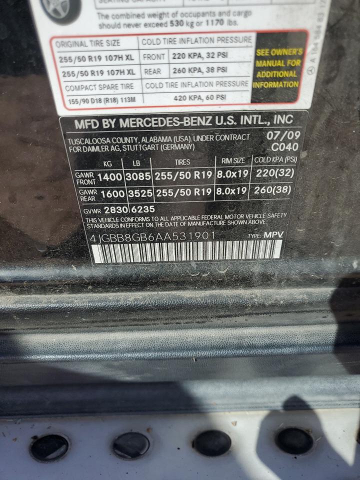 2010 Mercedes-Benz M-klasse VIN 4JGBB8GB6AA531901 Copart auction photo, front end / minor dent/scratches damage thumbnail 14