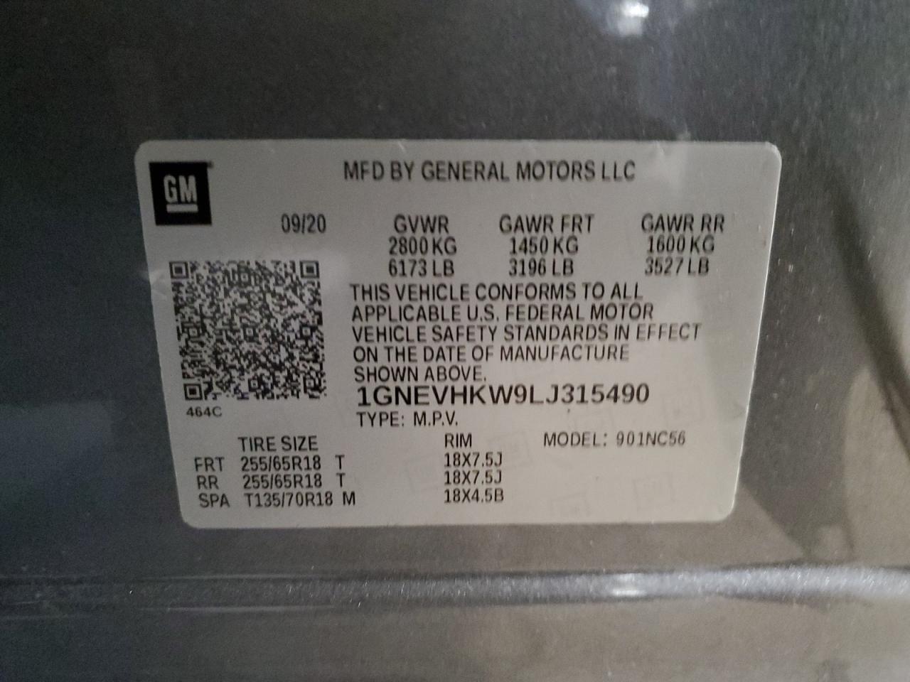 2020 Chevrolet Traverse VIN 1GNEVHKW9LJ315490 Copart auction photo, front end damage thumbnail 13