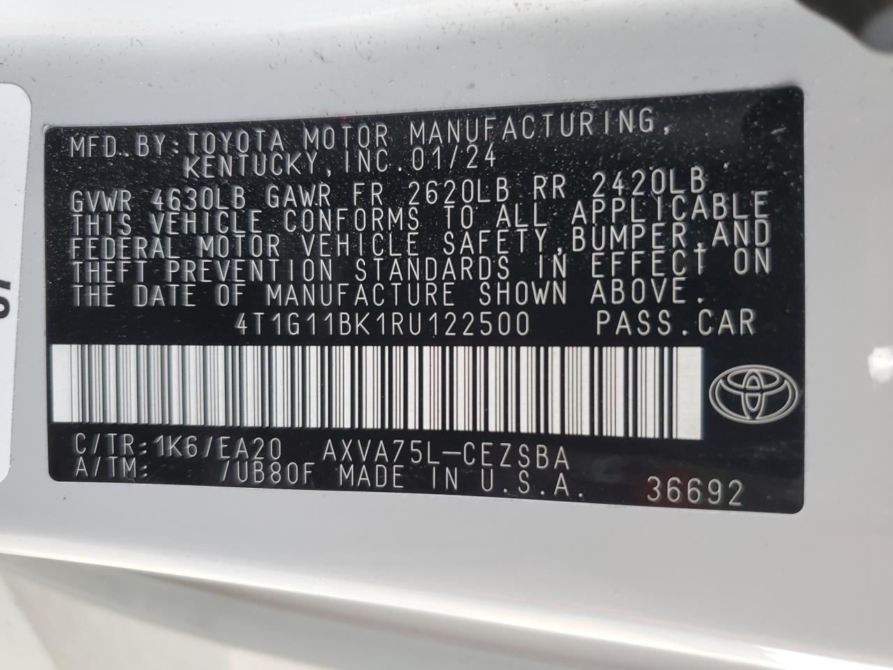 2024 Toyota Camry VIN 4T1G11BK1RU122500 Copart auction photo, front end damage thumbnail 12