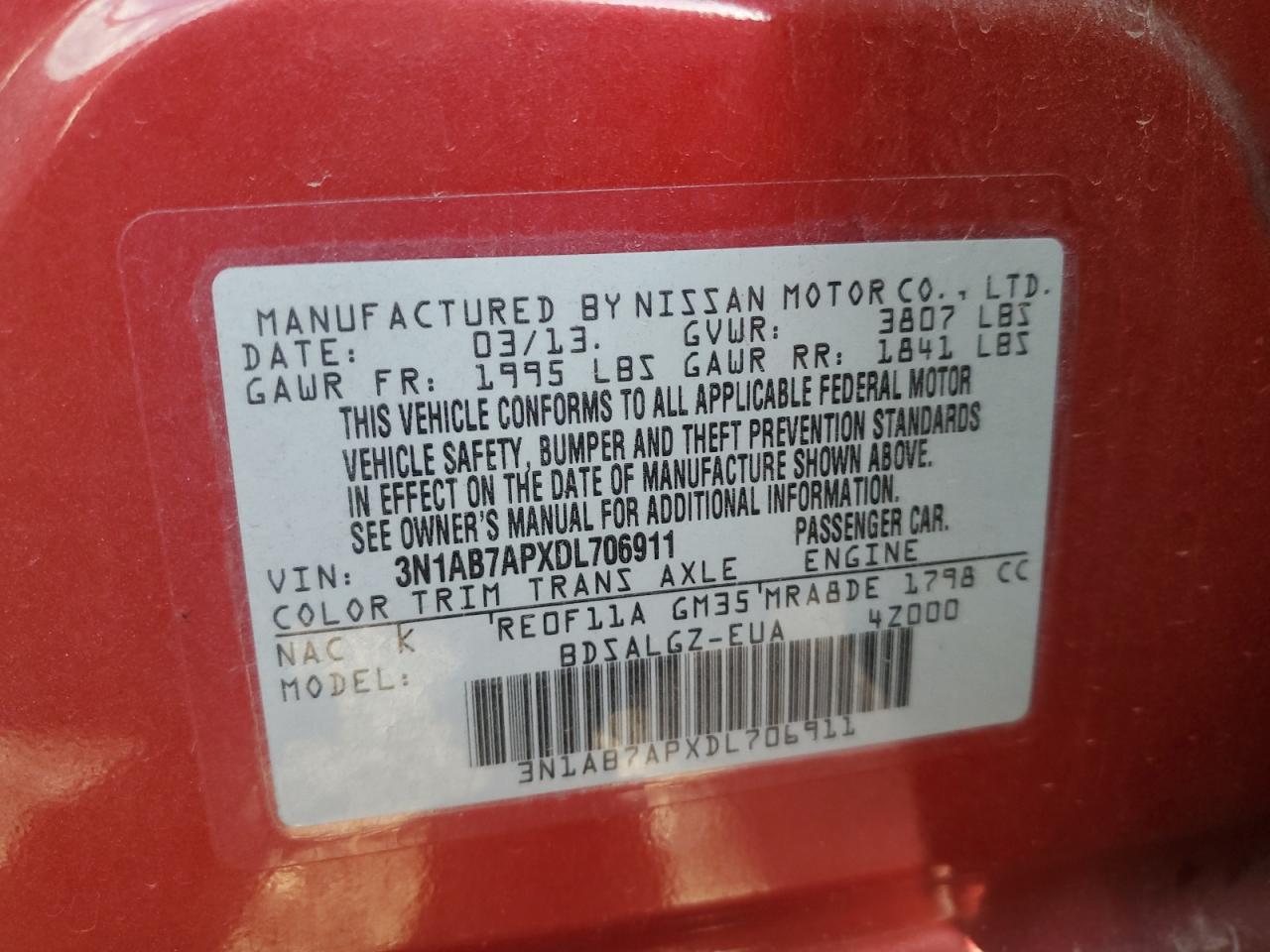 2013 Nissan Sentra VIN 3N1AB7APXDL706911 Copart auction photo, front end damage thumbnail 14