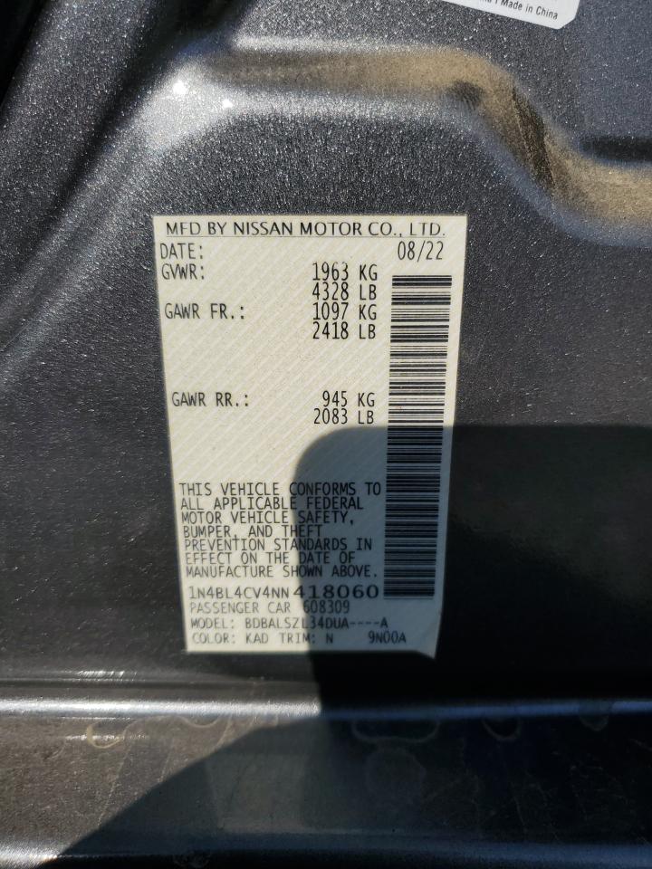 2022 Nissan Altima VIN 1N4BL4CV4NN418060 Copart auction photo, front end damage thumbnail 12