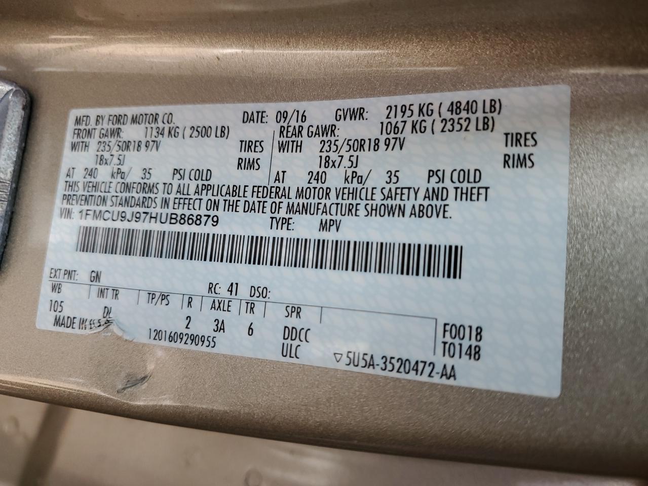 2017 Ford Escape VIN 1FMCU9J97HUB86879 Copart auction photo, front end damage thumbnail 15